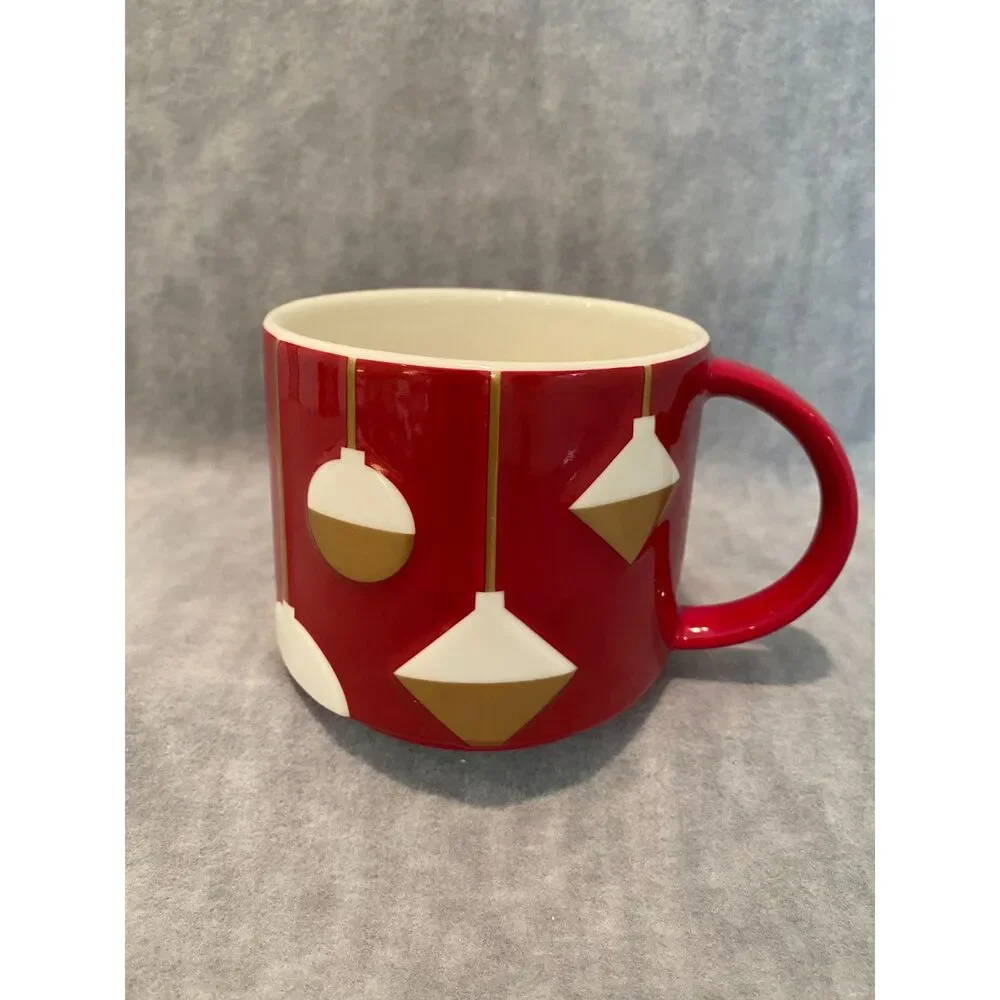 2012 Starbucks Coffee Mug‎ Cup Christmas Red with Gold and White Ornaments